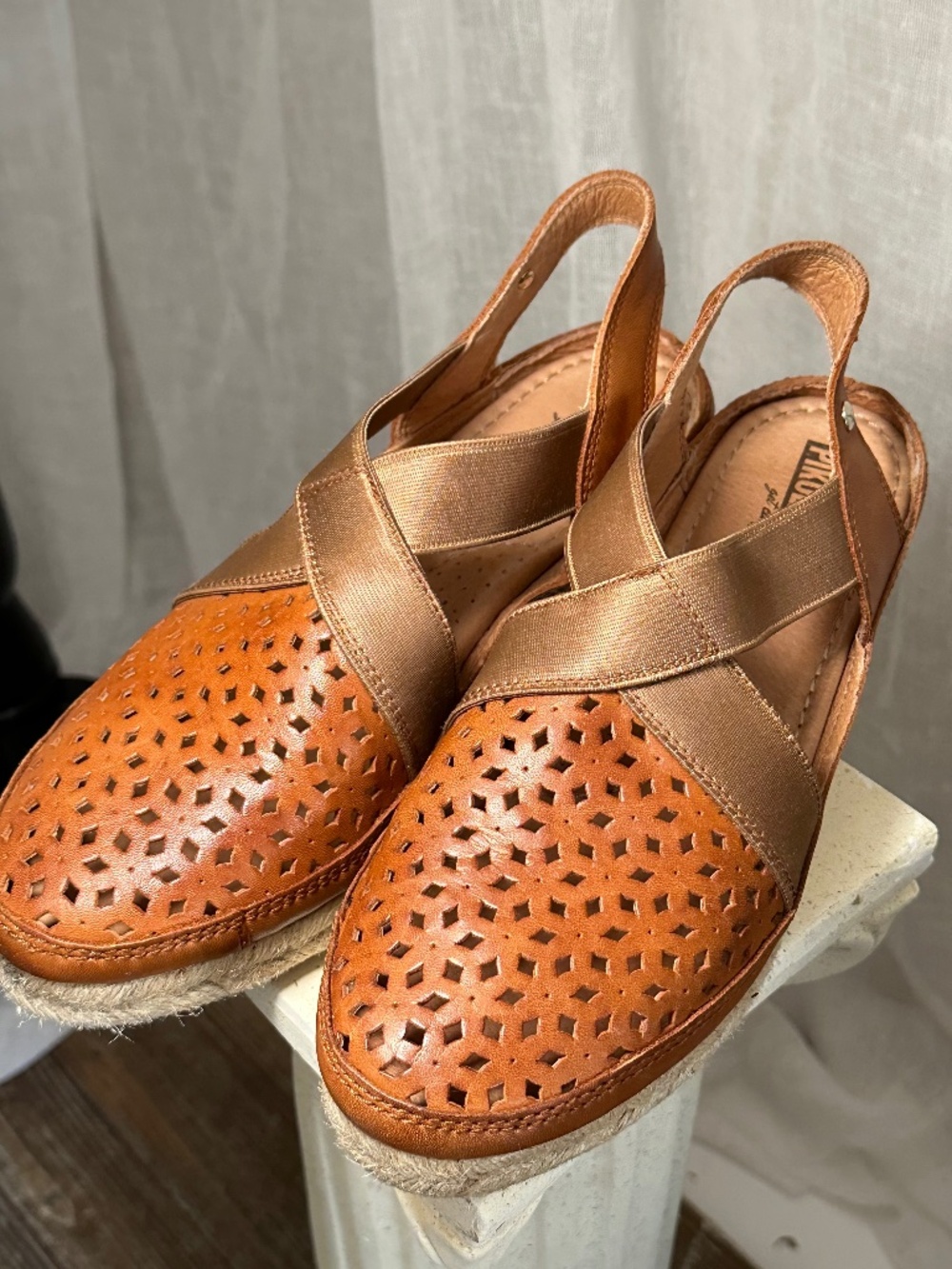 PIKOLINOS Brown Leather Wedge Elastic Espadrille Benidorm size 38 EU 7.5/8 US